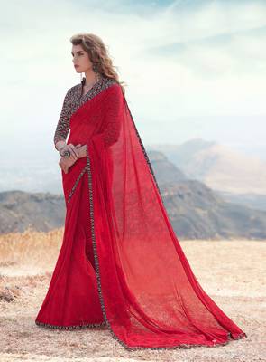 red printed georgette saree with blouse 2
