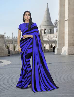 blue printed georgette saree with blouse 2