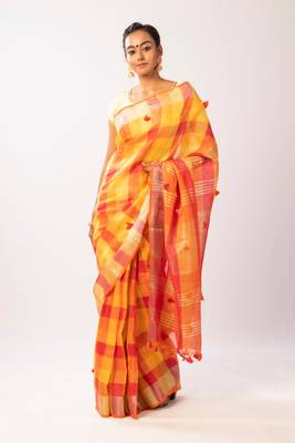Yellow Linen Bengal Handloom saree with blouse 1