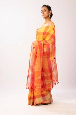 Yellow Linen Bengal Handloom saree with blouse 2