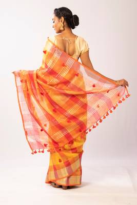 Yellow Linen Bengal Handloom saree with blouse 3