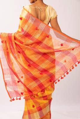 Yellow Linen Bengal Handloom saree with blouse 4