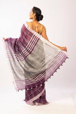 Purple Linen woven  Bengal  Handloom  saree with blouse 3