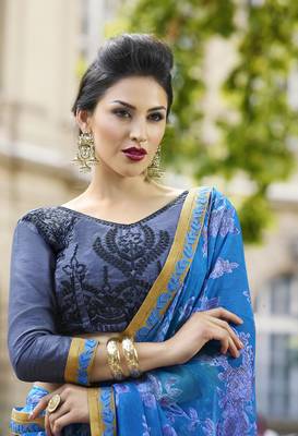 blue printed brasso saree with blouse 1