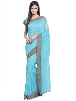 turquoise printed linen saree with blouse 1