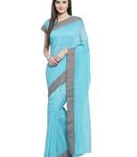 turquoise printed linen saree with blouse