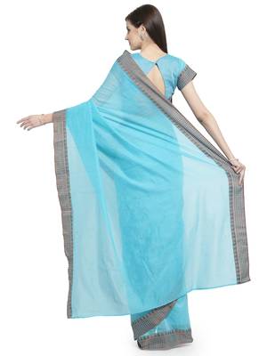 turquoise printed linen saree with blouse 2