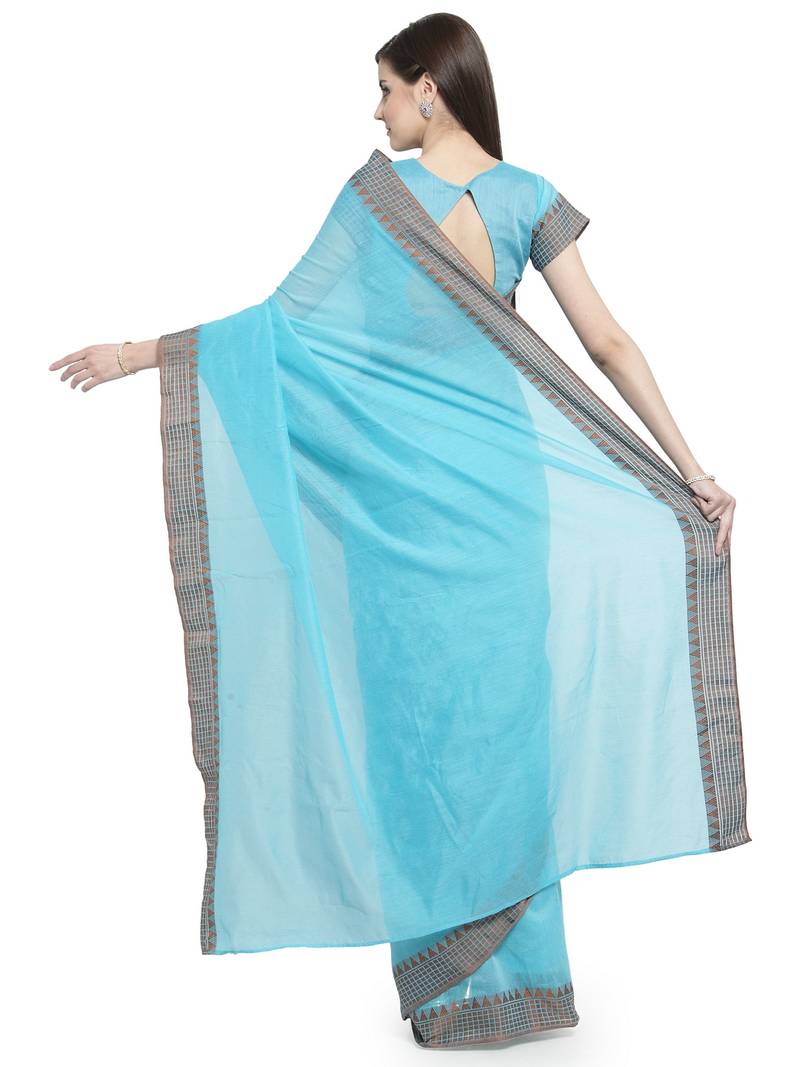 turquoise printed linen saree with blouse