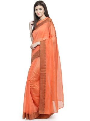 orange printed linen saree with blouse 1
