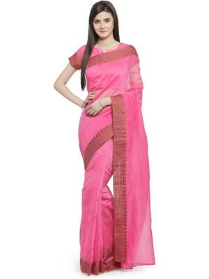 pink printed linen saree with blouse 1