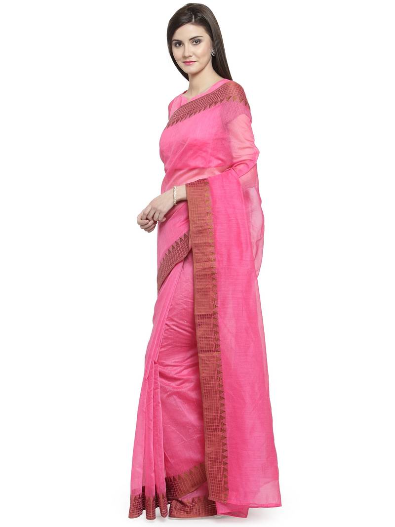 pink printed linen saree with blouse