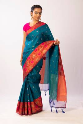 Blue Woven Banarasi Cotton Silk saree with Blouse 1