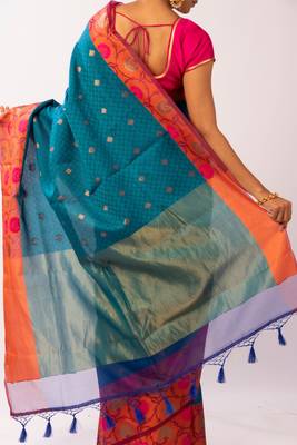 Blue Woven Banarasi Cotton Silk saree with Blouse 4