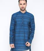 Blue Printed Cotton Men Kurta 