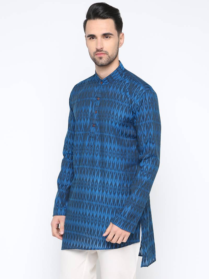 Blue Printed Cotton Men Kurta 