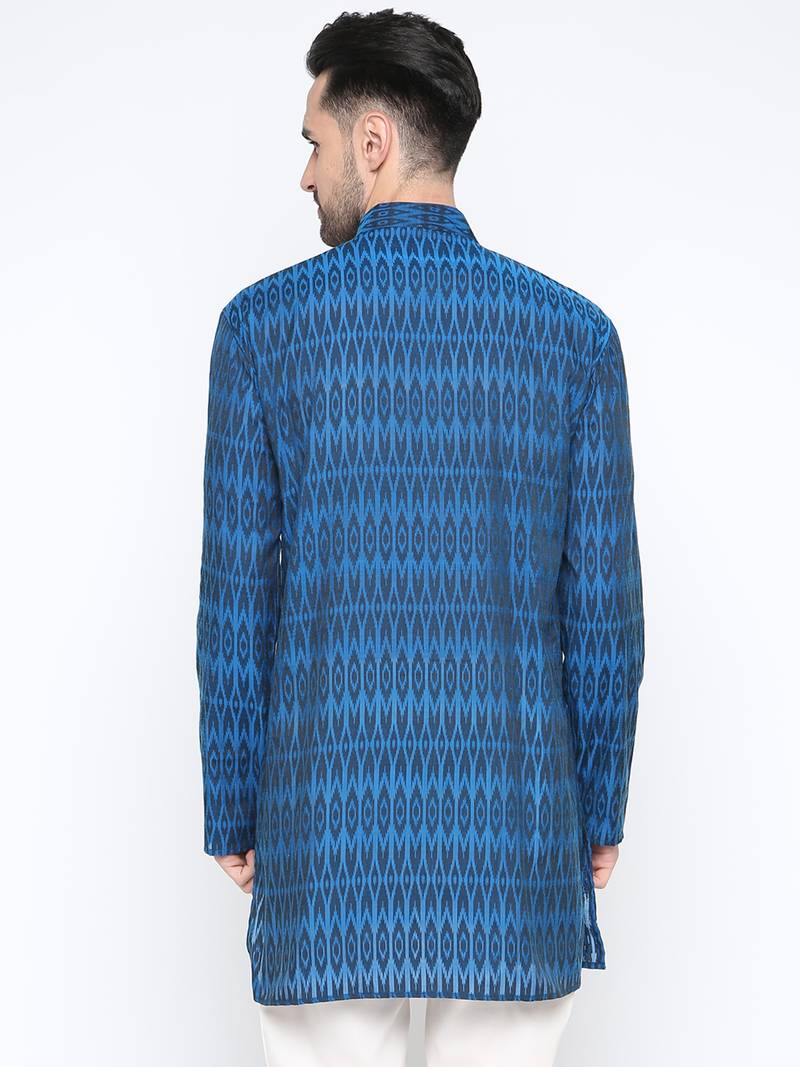 Blue Printed Cotton Men Kurta 