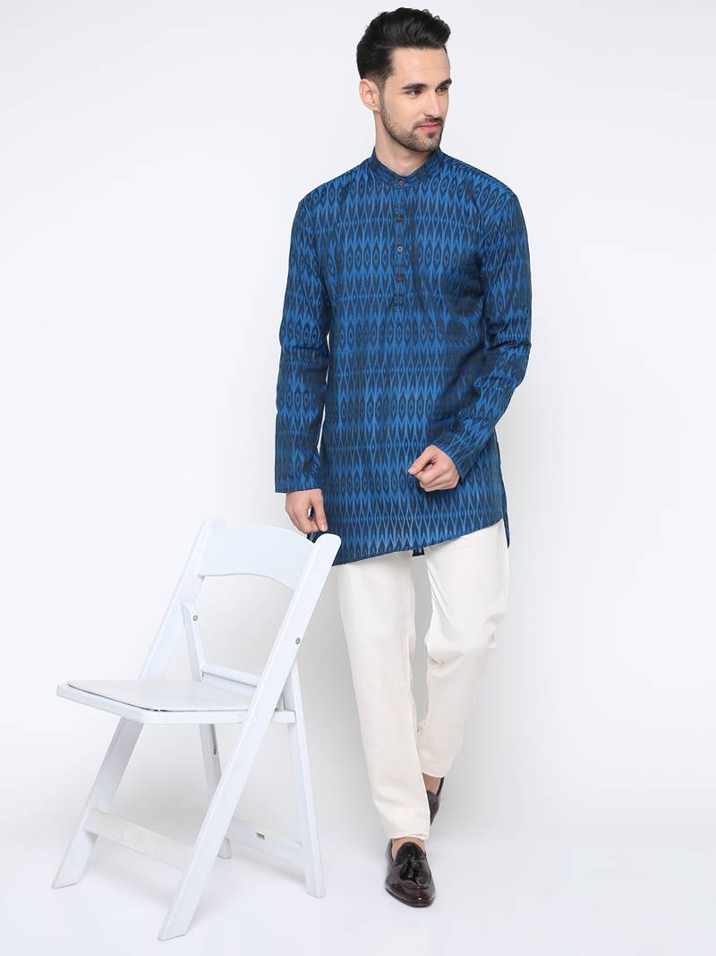 Blue Printed Cotton Men Kurta 