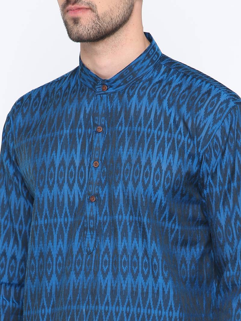 Blue Printed Cotton Men Kurta 