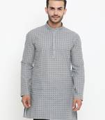 Grey Printed Cotton Men Kurta 