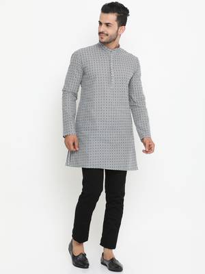 Grey Printed Cotton Men Kurta  4