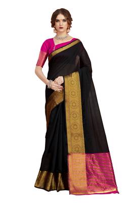 Black plain chanderi silk saree with blouse 1