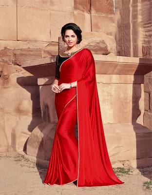 red plain satin saree with blouse 1