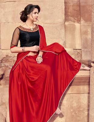 red plain satin saree with blouse 2