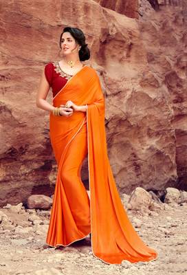 orange plain satin saree with blouse 1