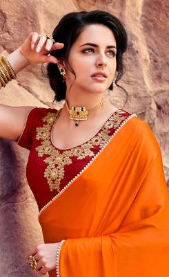 orange plain satin saree with blouse 2