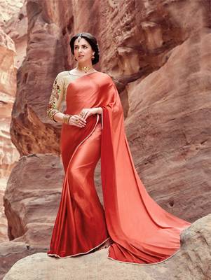 red plain satin saree with blouse 1