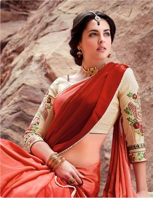 red plain satin saree with blouse 2