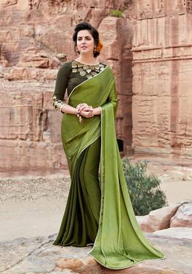olive plain satin saree with blouse 1