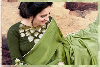 olive plain satin saree with blouse 2