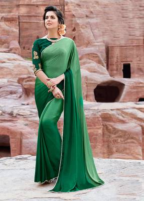 green plain satin saree with blouse 1
