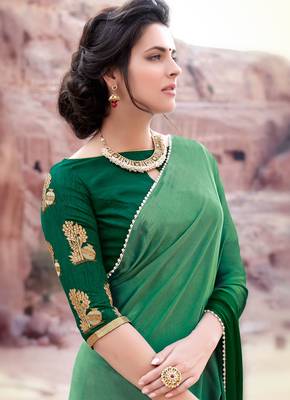 green plain satin saree with blouse 2