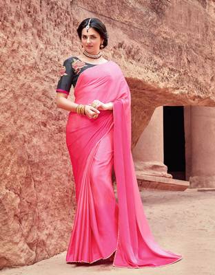 pink plain satin saree with blouse 1