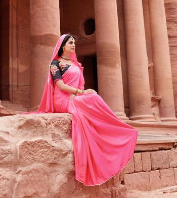 pink plain satin saree with blouse 2