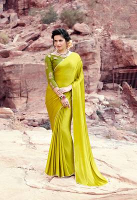 green plain satin saree with blouse 1