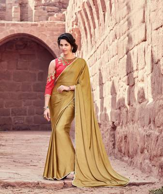 beige plain satin saree with blouse 1