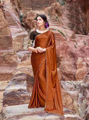 brown plain satin saree with blouse 1