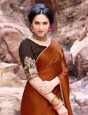 brown plain satin saree with blouse 2
