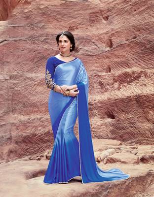 blue plain satin saree with blouse 1