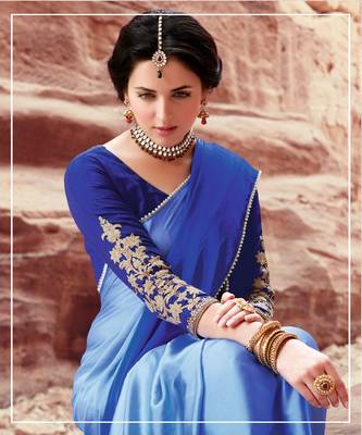 blue plain satin saree with blouse 2