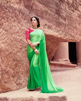 green plain satin saree with blouse 1