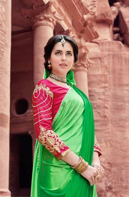 green plain satin saree with blouse 2