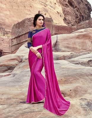pink plain satin saree with blouse 1