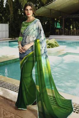 green printed georgette saree with blouse 1