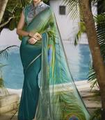 blue printed georgette saree with blouse