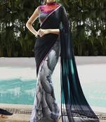 blue printed georgette saree with blouse