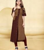 Brown printed rayon long-kurtis